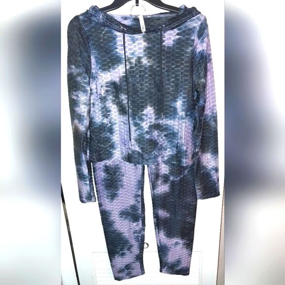 Women's Honeycomb Bubble Texture Tie Dye Butt Lift Activewear Sweatsuit Hooded L - Picture 3 of 9